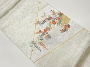 高嶋織物製　青銅箔鴛鴦に菊・藤・流水模様織出し名古屋帯